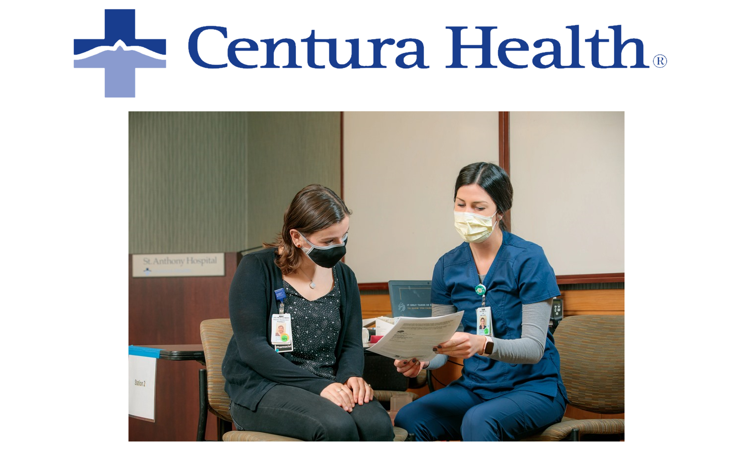 Two healthcare professionals talking at Centura Health